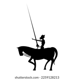 Don Quixote and Horse Pose. Silhouette. White Background Isolated. Literature characters. Flat vector illustration