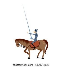 Don Quixote and Horse Pose. White Background Isolated. Literature characters. Flat vector illustration