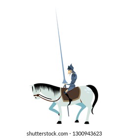 Don Quixote and Horse Pose. White Background Isolated. Literature characters. Flat vector illustration