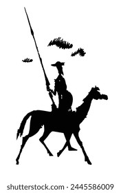 Don Quijote Skizze. Die Romanfigur von Cervantes. Illustration, Vektorgrafik, isoliert. Spot-Bild, schwarze Silhouette, Handzeichnung