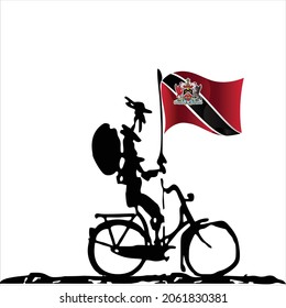 Don Quixote rides a bicycle to fight the mills. The flag of Trinidad and Tobago flutters in the wind, attached to a spear. Funky illustrations in vector format.