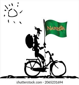 Don Quixote rides his bike to fight the mills. The flag of Narnia flutters in the wind, attached to a spear. Funky illustrations in vector format.
