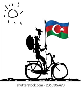 Don Quixote rides his bike to fight the mills. The flag of Azerbayjan flutters in the wind, attached to a spear. Funky illustrations in vector format.