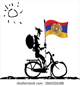 Don Quixote rides his bike to fight the mills. The flag of Armenia flutters in the wind, attached to a spear. Funky illustrations in vector format.