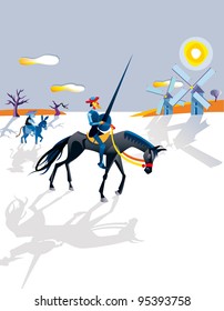 Don Quixote, rides through the fields of Spain on the back of his skinny horse. Ahead of them are two windmills. He is a knight errant looking for a adventures.