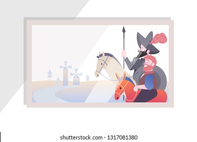 Don Quixote and Sancho Pancho Flat Vector Illustration