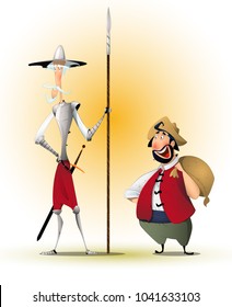 Don Quixote and Sancho Panza. The characters of Cervantes' novel. Illustration, vector, isolated.