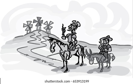 Don Quixote with Sancho Panza encountering the wind mills, gray scale version