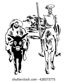 Don Quixote and Sancho Panza. The heroes of the novel of Cervantes ink drawing.