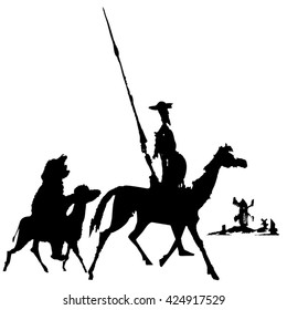 Don Quixote and Sancho Panza ink sketch. The characters of Cervantes' novel. Illustration, vector, isolated.