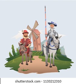 Don Quixote and Sancho Panza riding on windmill background. Literature characters. Flat vector illustration.