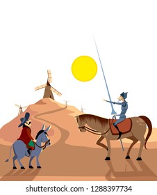 Don Quixote and Sancho Panza riding on windmills. Literature characters. Flat vector illustration