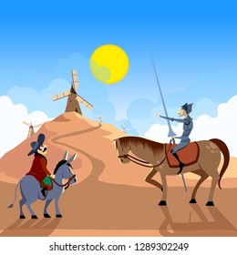 Don Quixote and Sancho Panza riding on windmills. Literature characters. Flat vector illustration