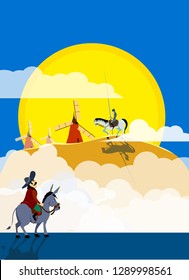 Don Quixote and Sancho Panza riding on windmills. Literature characters. Flat vector illustration