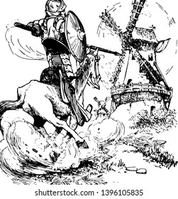 Don Quixote this scene shows a horse rider with spear and shield and windmill next to him vintage line drawing or engraving illustration