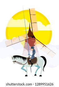 Don Quixote and windmill. Literature characters. Flat vector illustration
