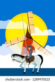 Don Quixote and windmill. Literature characters. Flat vector illustration