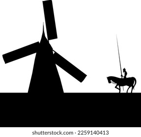 Don Quixote und Windmühle. Silhouette. Literaturzeichen. Flache Vektorgrafik