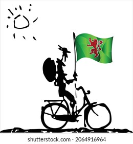 Don  rides his bike to fight the mills. The flag of Narnia flutters in the wind, attached to a spear. Funky illustrations in vector format.