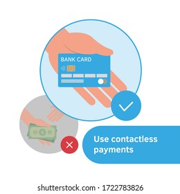 Don t Use Cash Prefer Bank Card Payment and Online Shopping. Use contactless payment. Hand holding credit or debit card. Banner sign for store, supermarket. Coronavirus prevention rule, advice