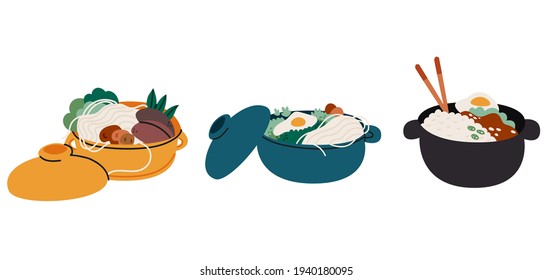 Donabe hot pot isolated set vector illustration. Asian food. Japanese traditional noodle soup collection. Tasty bowl full of vegetables, meet, eggs and mushrooms in cartoon style.