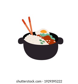 Donabe hot pot isolated vector illustration. Asian food. Japanese traditional noodle soup design element. Tasty bowl full of vegetables, meet, eggs and mushrooms in cartoon style.