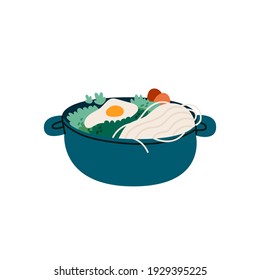 Donabe hot pot isolated vector illustration. Asian food. Japanese traditional noodle soup design element. Tasty bowl full of vegetables, meet, eggs and mushrooms in cartoon style.