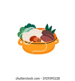 Donabe hot pot isolated vector illustration. Asian food. Japanese traditional noodle soup design element. Tasty bowl full of vegetables, meet, eggs and mushrooms in cartoon style.