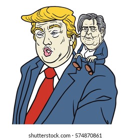 Donald Trump With Chief Strategist Steve Bannon Cartoon Vector Portrait Caricature Illustration. February 9, 2017