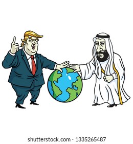 Donald Trump And Prince Mohammad Bin Salman  Laying Hands On Globe. Cartoon Vector. March 11, 2019