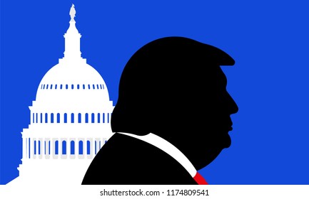 Donald Trump. Silhouette against the background of the Capitol. Editorial vector illustration.