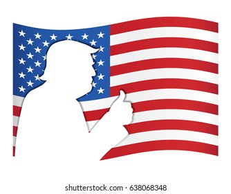 Donald Trump silhouette portrait on American flag background. President of the United States.