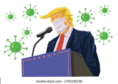 Donald Trump Speech Wearing Mask Anti Corona Virus Coronavirus Covid-19 Campaign Cartoon Vector Editorial Illustration. Washington, April 16 , 2020