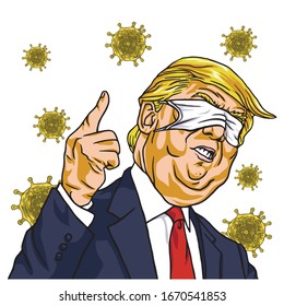 Donald Trump Wearing Corona Virus Mask on Face Blinded Eyes Cartoon Vector Drawing. March 12 , 2020