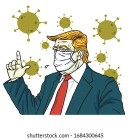 Donald Trump Wearing Mask Anti Coronavirus Icon Order Lockdown Cartoon Vector Drawing Illustration. Washington DC, March 26 , 2020