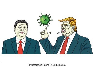 Donald Trump and Xi Jinping   Discussed Coronavirus COVID-19 Cartoon Vector Illustration. Washington DC March 27, 2020