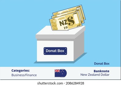 Donat now 10 New Zealand Dollarl banknote in donation box. New Zealand business, payment and finance element. Can be used for web, mobile, infographic and print.