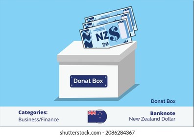 Donat now 20 New Zealand Dollarl banknote in donation box. New Zealand business, payment and finance element. Can be used for web, mobile, infographic and print.