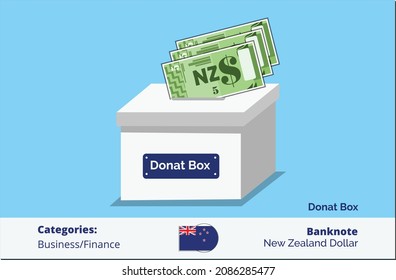 Donat now 5 New Zealand Dollarl banknote in donation box. New Zealand business, payment and finance element. Can be used for web, mobile, infographic and print.