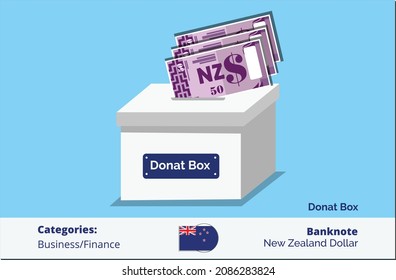 Donat now 50 New Zealand Dollarl banknote in donation box. New Zealand business, payment and finance element. Can be used for web, mobile, infographic and print