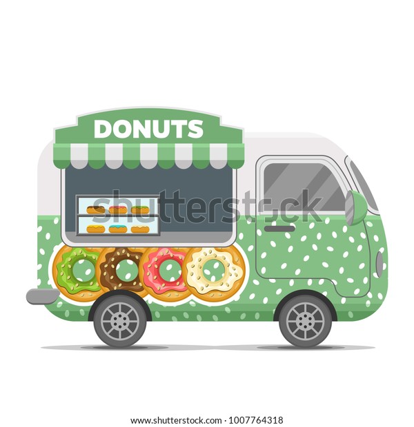 Donat street food\
caravan trailer. Colorful vector illustration, cute style, isolated\
on white background