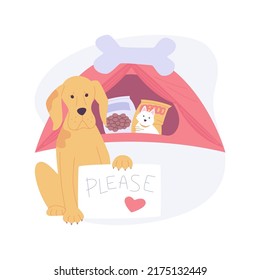 Donate to animal shelter isolated cartoon vector illustrations. Dogs donation station with supplies, responsible attitude, social activity, volunteering idea, animal care vector cartoon.