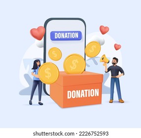 Donate app. Characters donating money, Volunteers putting coins in donation box and donating with credit card online. Financial support and fundraising concept. 3D render Vector illustration