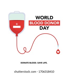 Donate Blood Concept Illustration Background For World Blood Donor Day. World Blood Donor Day Banner With Red Bloody Plastic Container And Sign. Heart Shape.