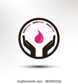 Donate blood concept logo hands and red blood drop on abstract background art