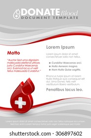 Donate blood document template with three dimensional glossy blood drop icon
