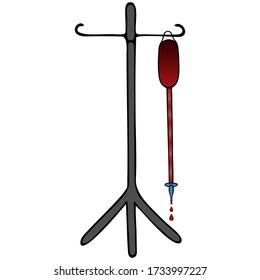 Ein Tropfer mit Blut und ein Ständer dafür. Eine intravenöse Infusion, die den allgemeinen Zustand einer Person verbessert. Vektor. Isolierter weißer Hintergrund. Infusionstherapie. Medizinische Themen. Cartoon-Stil.