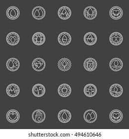 Donate blood linear badges. Vector set of blood donation signs or labels in thin line style on dark background. Badge with blood drop
