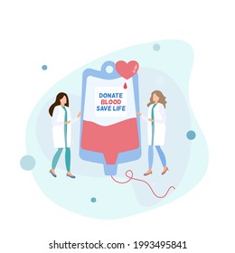 Donar sangre para salvar vidas, 2 doctoras paradas al lado de los glóbulos rojos empacados, bolsa de donación de sangre 
