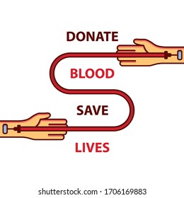 Donar sangre salva vidas entre el tubo de dos manos, vector